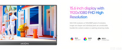 Arzopa AR-A1 GAMUT 15.6" FHD Portable Monitor | IPS 1920*1080P | Freq 60hz | Type-C & HDMI | w/ Smart Cover