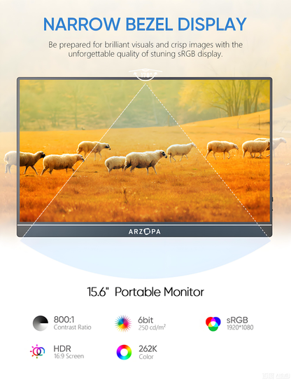 Arzopa AR-A1 GAMUT 15.6" FHD Portable Monitor | IPS 1920*1080P | Freq 60hz | Type-C & HDMI | w/ Smart Cover