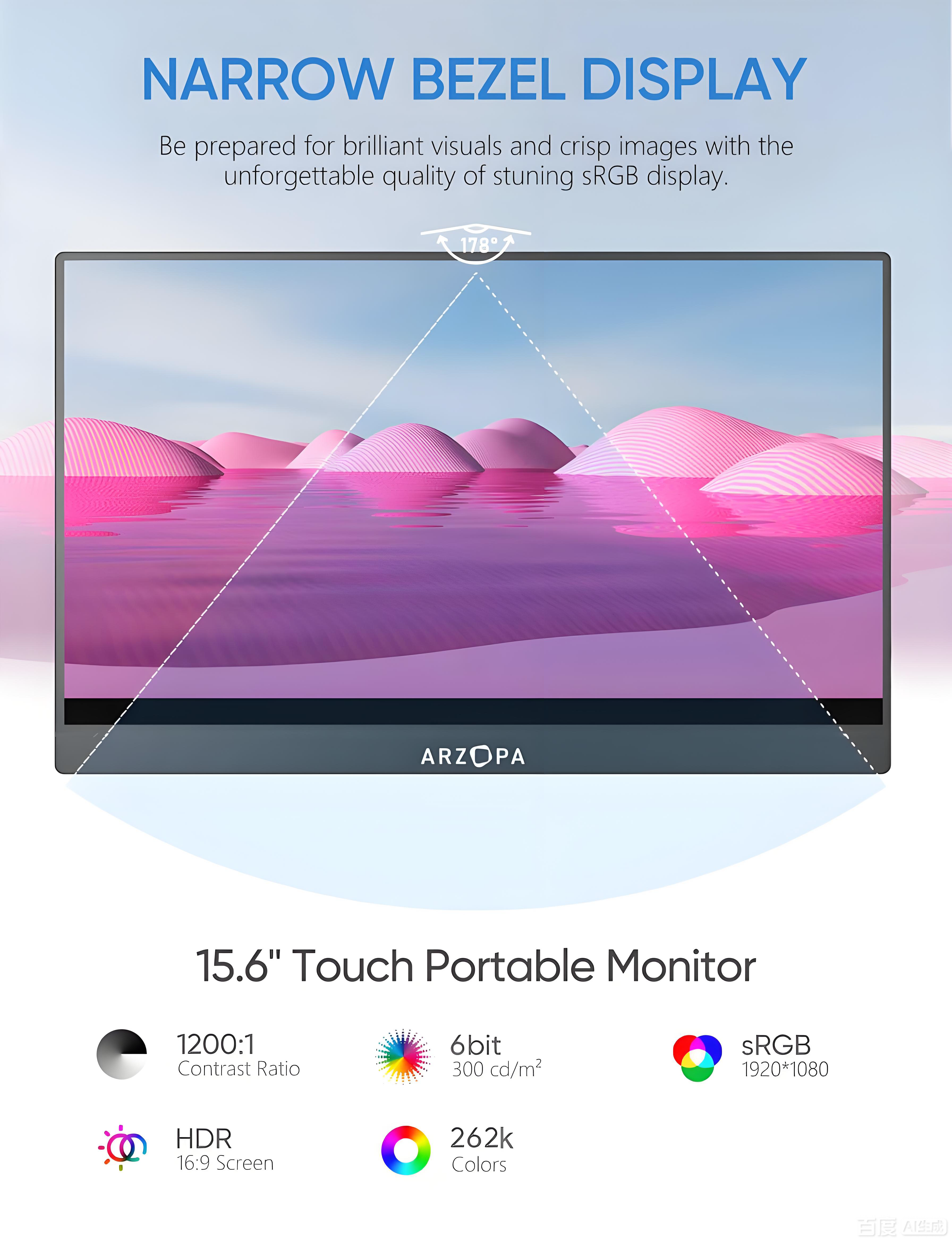 ARZOPA AR-A1T 15.6” Touch Screen Portable Monitor | FHD 1920*1080P | 60Hz | Type-C & HDMI