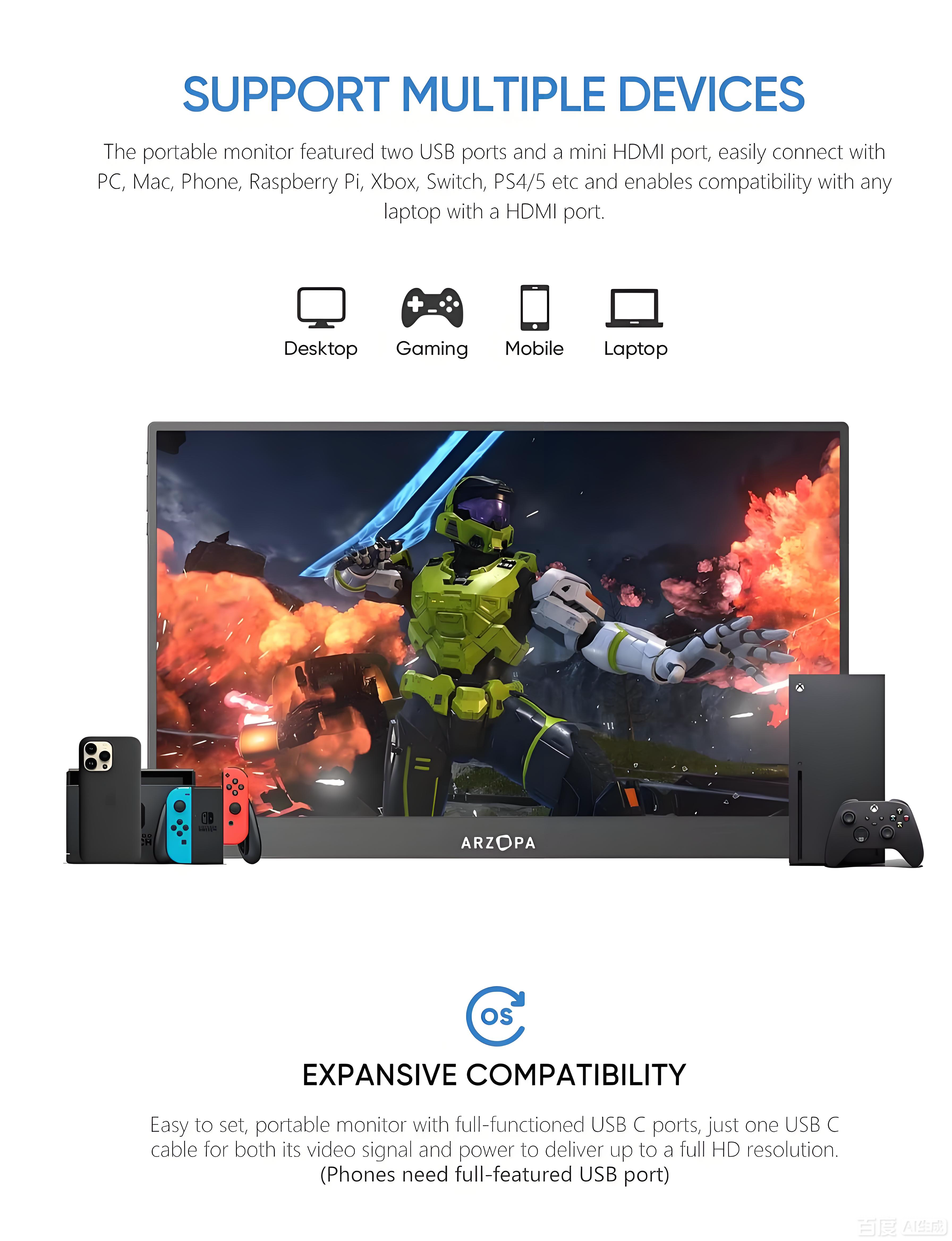 ARZOPA AR-A1T 15.6” Touch Screen Portable Monitor | FHD 1920*1080P | 60Hz | Type-C & HDMI