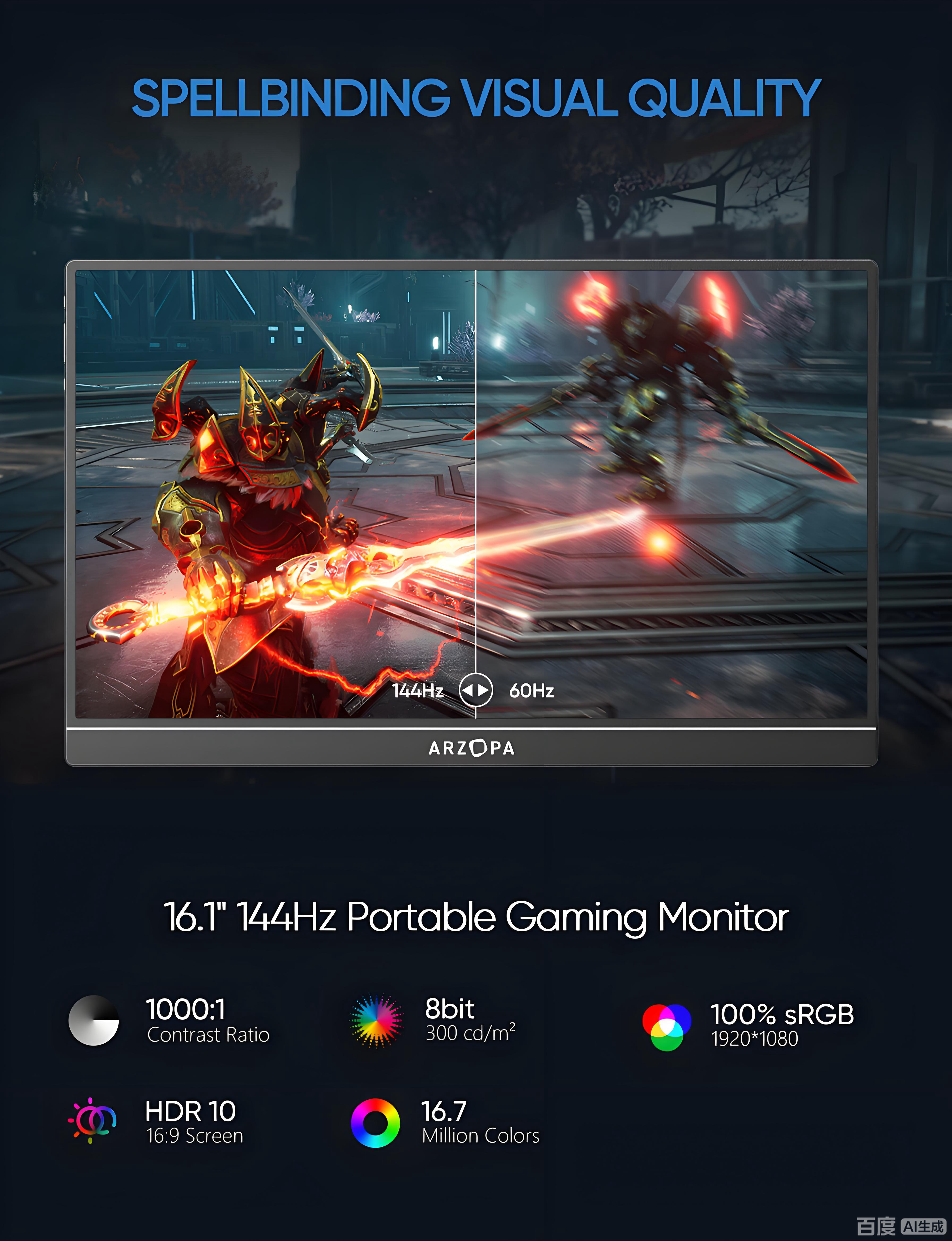 ARZOPA AR-Z1FC 16.1” 144Hz Portable Gaming Monitor | FHD 1920*1080P | 144Hz | Black