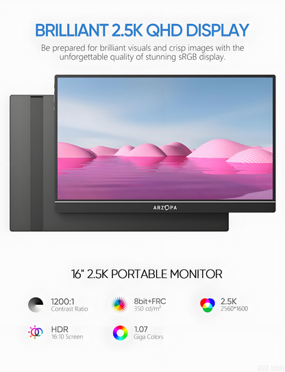 Arzopa Z1RC 2.5K 16'' Portable Monitor | Brilliant QHD 500nits 8bit Display | QHD 2560*1600 | 60Hz