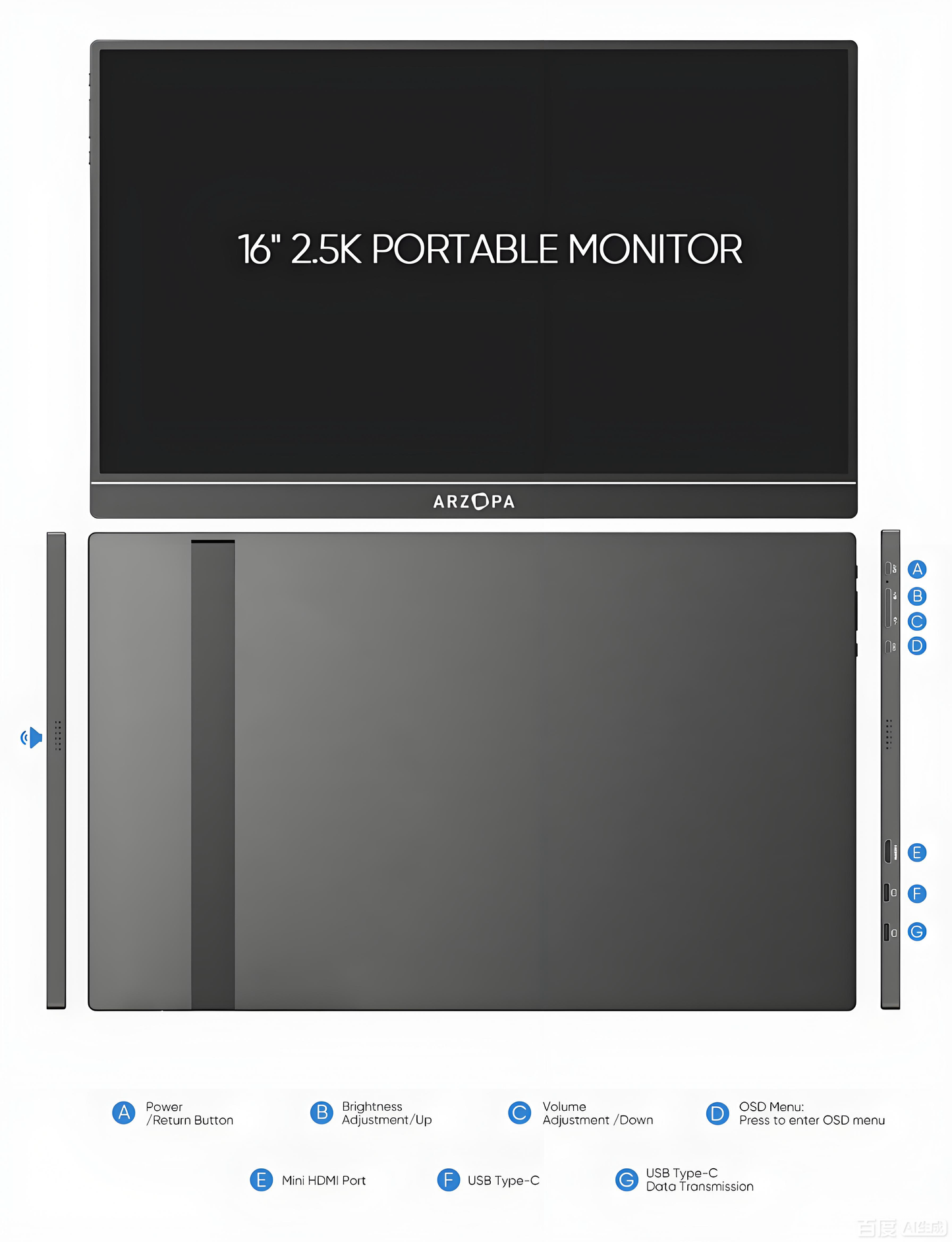 Arzopa Z1RC 2.5K 16'' Portable Monitor | Brilliant QHD 500nits 8bit Display | QHD 2560*1600 | 60Hz