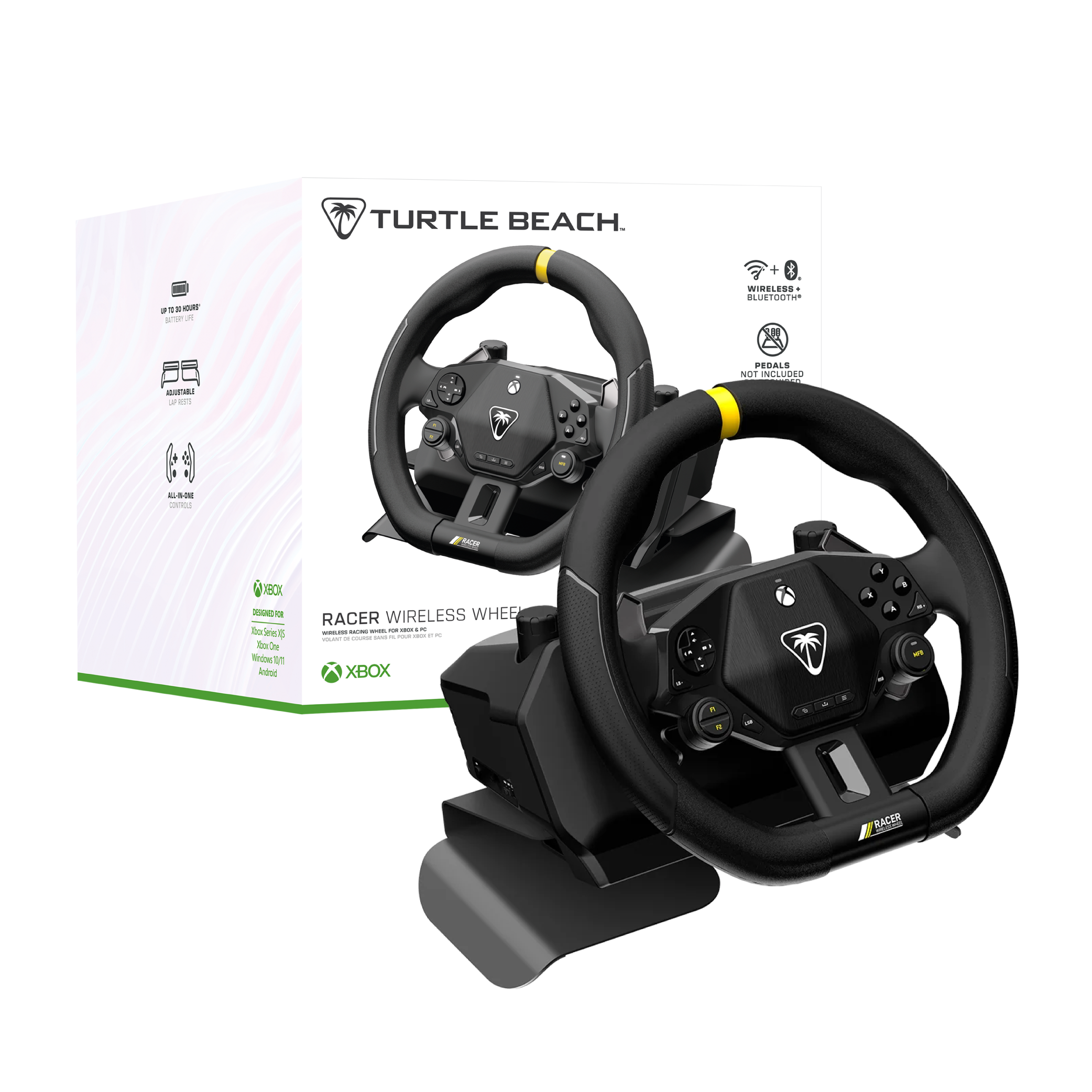 Turtle Beach Racer wireless steering wheel with packaging on a white background